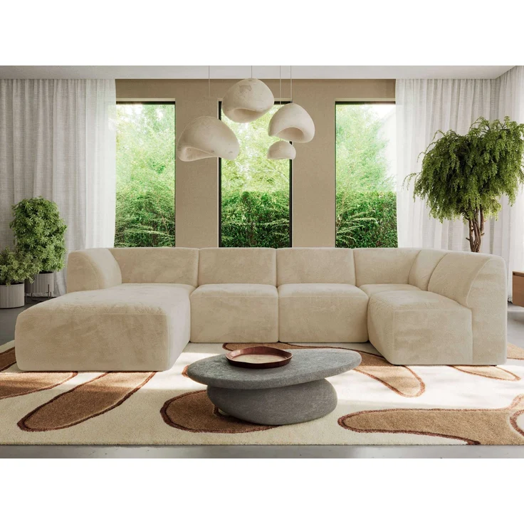 Modulares XXL-Ecksofa MODARO 5M, U-Form, Wohnlandschaft, 5-teilig, freistehend, Wohnzimmer Couch, HR-Schaumstoff - Creme Plüsch - Links – Bild 5