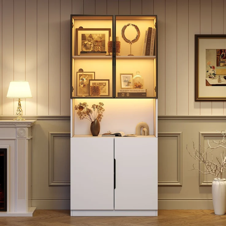 Moderne minimalistische Vitrine mit Glastüren, Vitrine mit LED-Leuchten, Bücherregal für Sammlerstücke, einstellbare Farbtemperatur und Helligkeit, weiße 80*30*200cm--Weiß--94.49x50.8x19.51cm--YOUDENOVA – Bild 4
