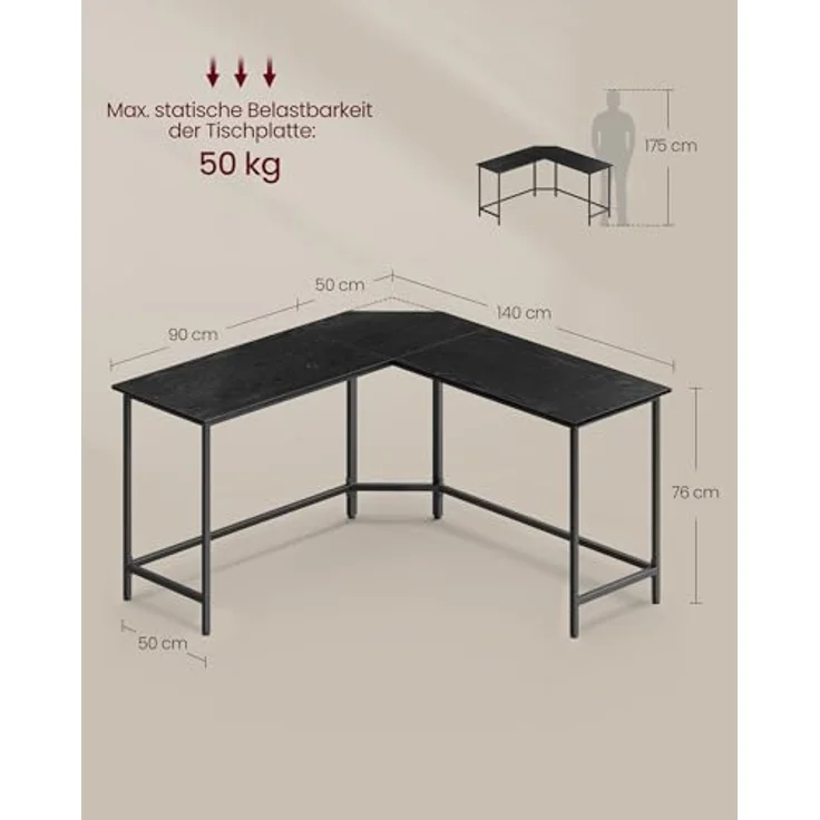 VASAGLE Schreibtisch, L-förmiger Computertisch, 140 x 140 x 76 cm, Eckschreibtisch, platzsparender Bürotisch, Gaming, Homeoffice, einfacher Aufbau, ebenholzschwarz-tintenschwarz LWD073B56V1 – Bild 3