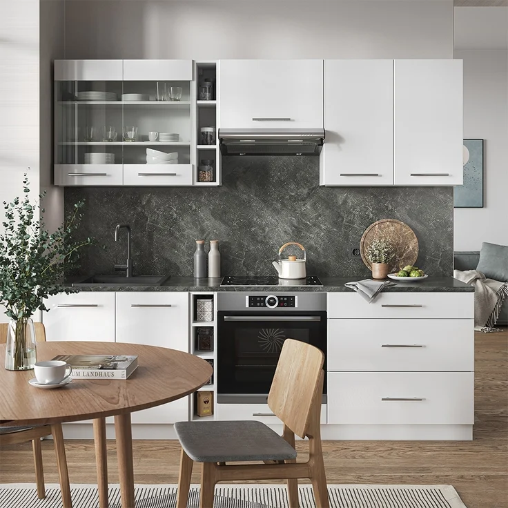 Küchenzeile Fame-Line Weiß Hochglanz/Weiß 235 cm ohne Arbeitsplatte Vicco – Bild 4