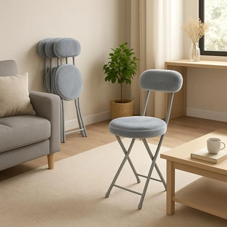 MEUBLE Cosy Klappstuhl 4er Set mit Rücklehne und Fußstütze, Gästestuhl Klappbar Campingstuhl Gepolstert aus Kunstfell, Grau – Bild 2