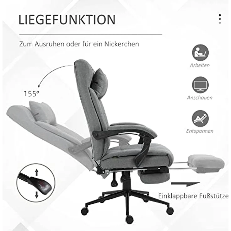 Vinsetto Bürostuhl mit Kopfkissen Armlehne Schreibtischstuhl mit Neigungswinkel Höhenverstellbarer Drehstuhl mit Fußstütze Leinen Schaumstoff PVC Hellgrau 66 x 70 x 116-124 cm – Bild 6