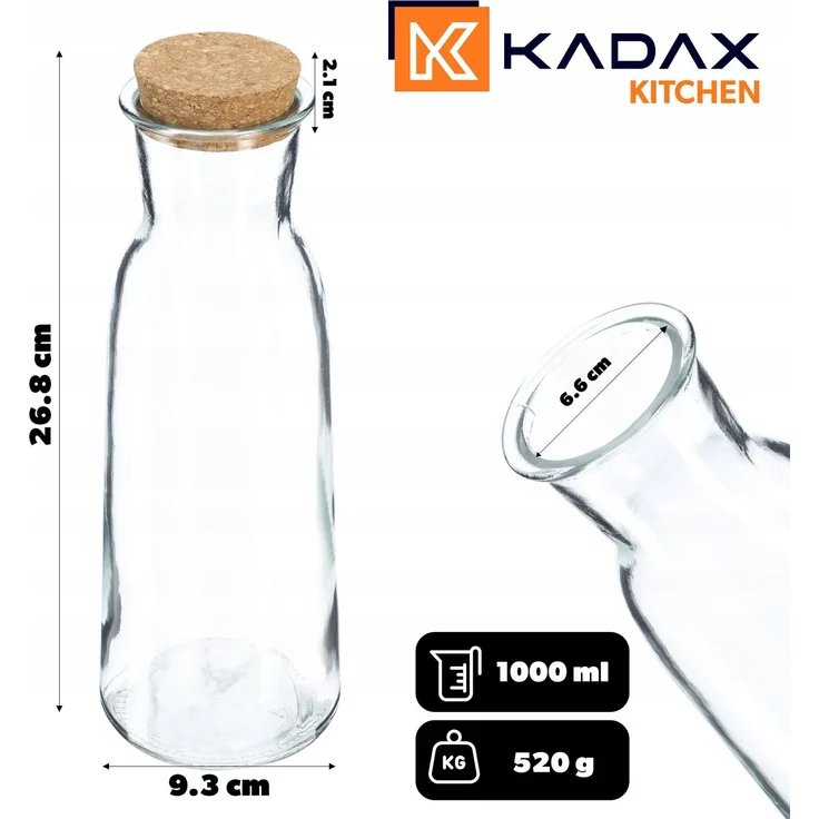 KADAX Karaffe Glas Wasserkrug 1000 ml 1 Liter Wasser Wein Getränke Stopfen – Bild 2