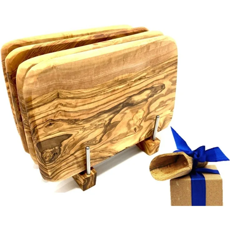 Olivenholz-erleben Frühstücksbrett Bretterständer inkl. 4 Frühstücksbretter Olivenholz 22 x 14 cm, Massivholz, (Set, 5-St, 1x Bretterhalter, 4 Frühstücksbretter, plus Überraschung), platzsparende Aufbewahrung für bis zu 4 Brettchen an einem Ort