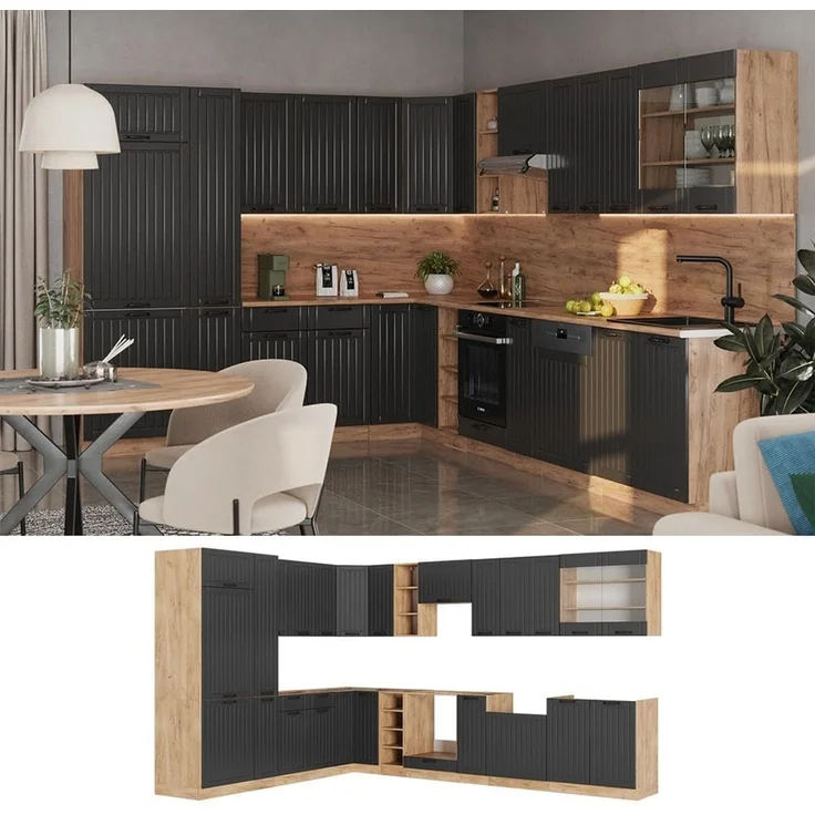 Eckküche Fame-Line Dunkelgrau/Goldkraft Eiche 347 x 257 cm, AP Marmor Vicco – Bild 5