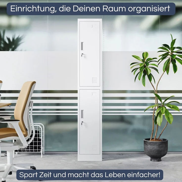 Umkleideschrank Spind TOKIO - 2 Abteile, Etikettenhalter Lüftungsschlitze | Umkleidespind Schließfachschrank Garderobenspind, 185 x 31,7 x 45 cm Weiß – Bild 3