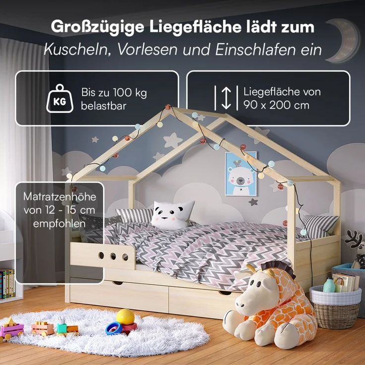 Bellabino 'Bela' Hausbett 90x200 cm mit großer Schublade, natur, Kiefer Massivholz, Montessori Kinderbett mit Stauraum, inkl. Rausfallschutz und Lattenrost – Bild 4