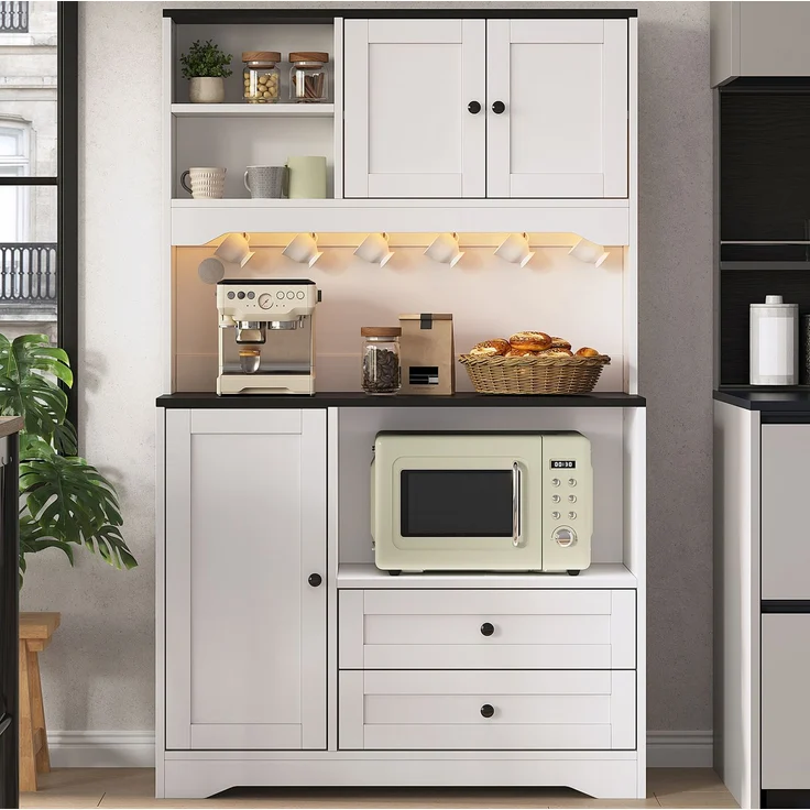 Küchenbuffetschrank mit LED-Beleuchtung & USB-Anschluss, 100x40x163 cm, Weiß – Bild 2