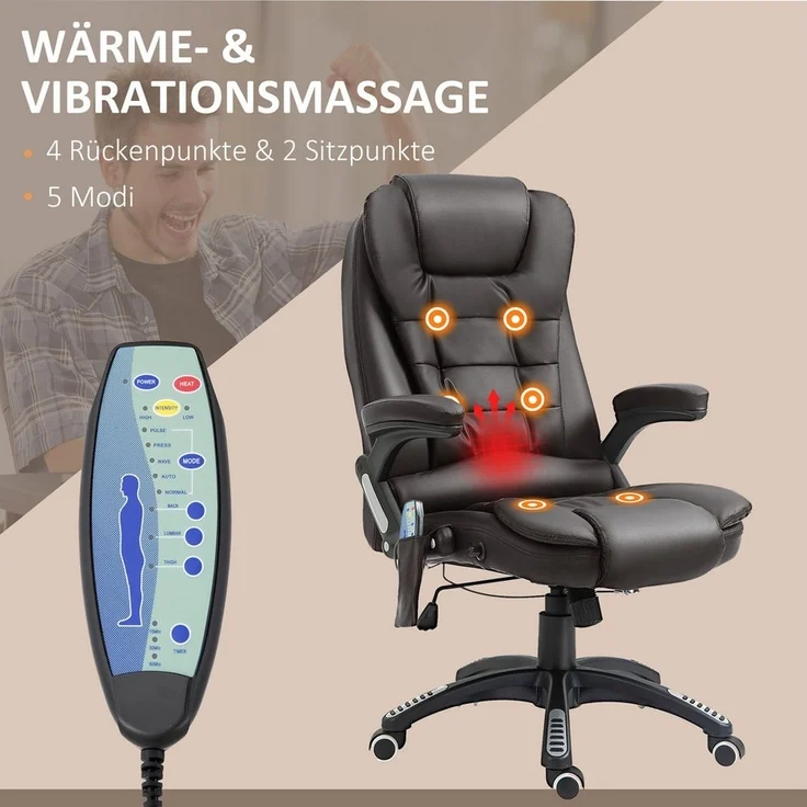 HOMCOM Schreibtischstuhl Bürostuhl mit Massagefunktion, mit Wärmefunktion, Chefsessel (Massagesessel, 1 St), für Wohnbereich, Braun – Bild 3