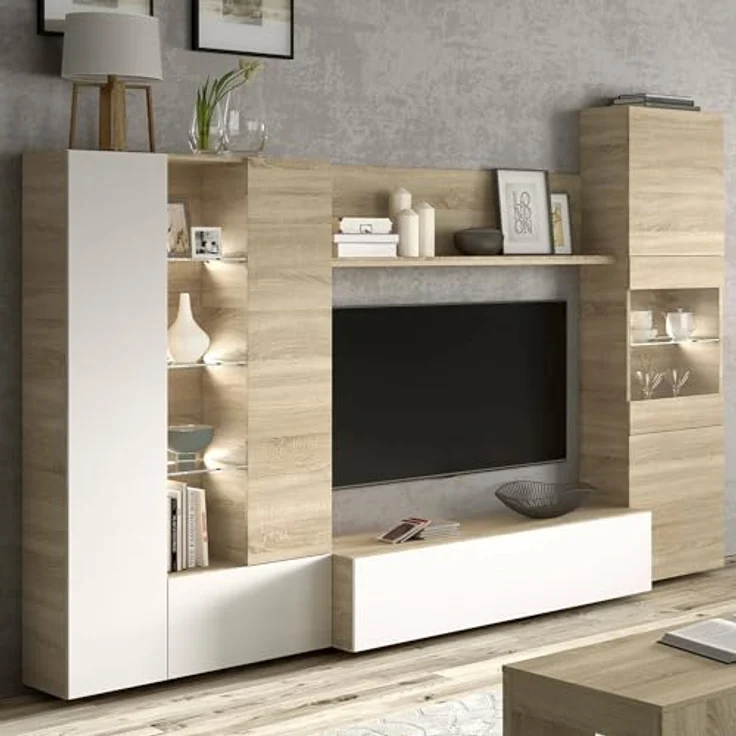 Dmora - Wohnzimmermöbel Raleigh, modulares TV-Ständer-Wohnzimmerelement, Wohnzimmerkomposition mit Wandelementen und Vitrinen und LED-Licht, 260 x 42 x 185 cm, Eiche und Weiß – Bild 2