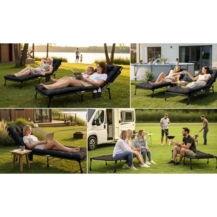 Sofotel Klappbares Gästebett und Sonnenliege mit Matratze und Kissen - 5-stufig verstellbare Gartenliege - für Schlaf und Entspannung - 193 x 67 x 40-75,5 cm - für Camping, Garten und Gäste - Schwarz – Bild 5