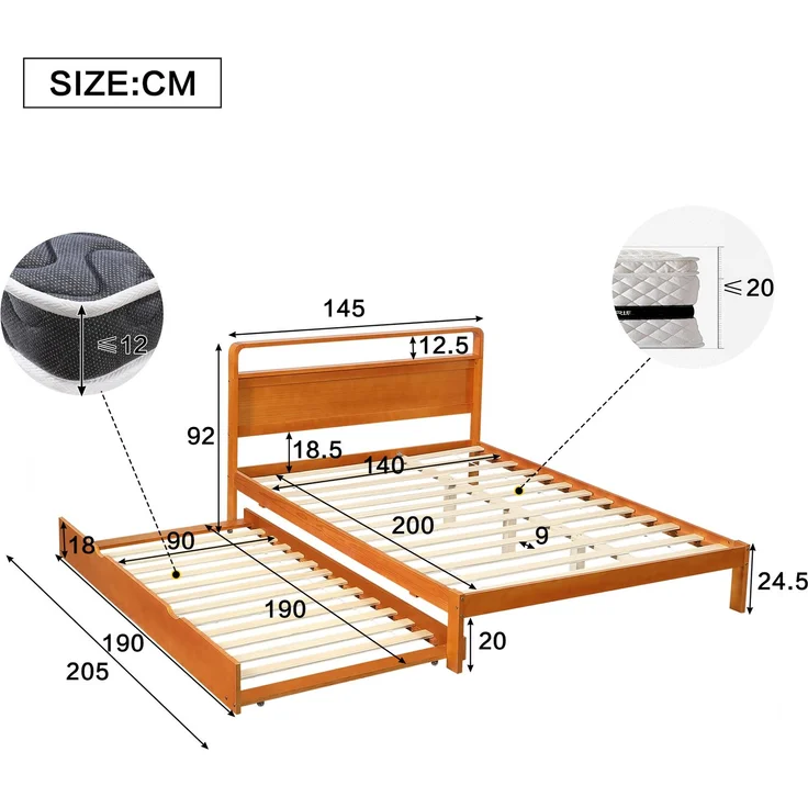 Merax Holzbett, Doppelbett, Kinderbett, 140x200 cm, mit Ausziehbett 90x190 cm, Funktionsbett mit links/rechts montierbarem Gästebett, Natur – Bild 4