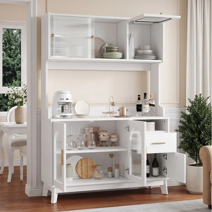 Hochschrank 120 x 40 x 178 cm mit Steckdosen, USB-A/USB-C und Acrylglasfront – weißer Buffetschrank aus Spanplatte – Bild 3