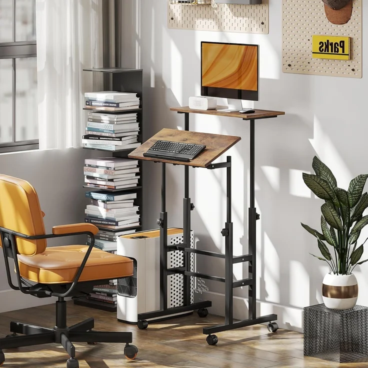 HOMCOM Schreibtisch 2-stufige Arbeitsfläche (Laptoptisch, 1-St, Arbeitstisch), Höhenverstellbar, Rustikal-Braun – Bild 8