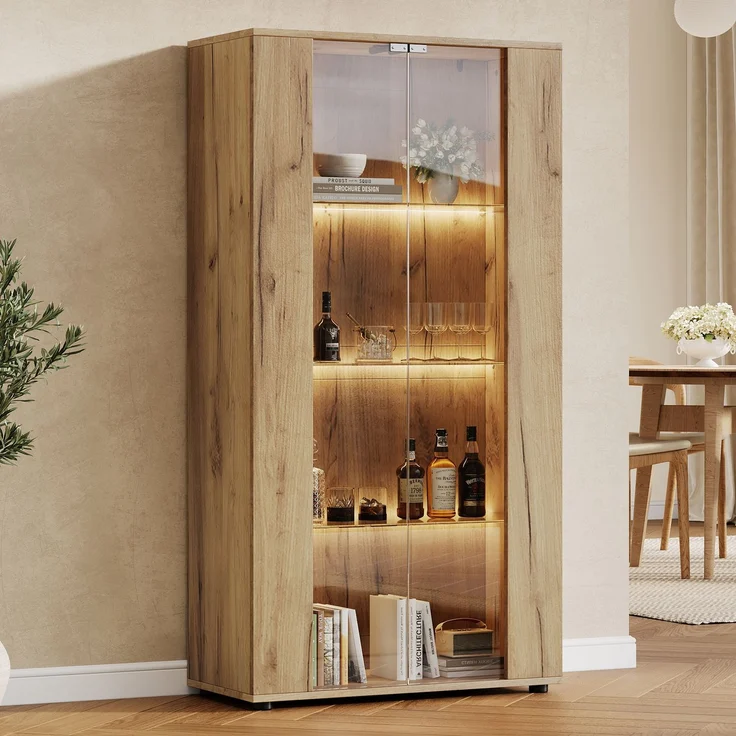 Vitrinenschrank 80x36x150,5 cm in Natur mit 2 Glastüren, 4 Ablageflächen und LED-Beleuchtung – Bild 1