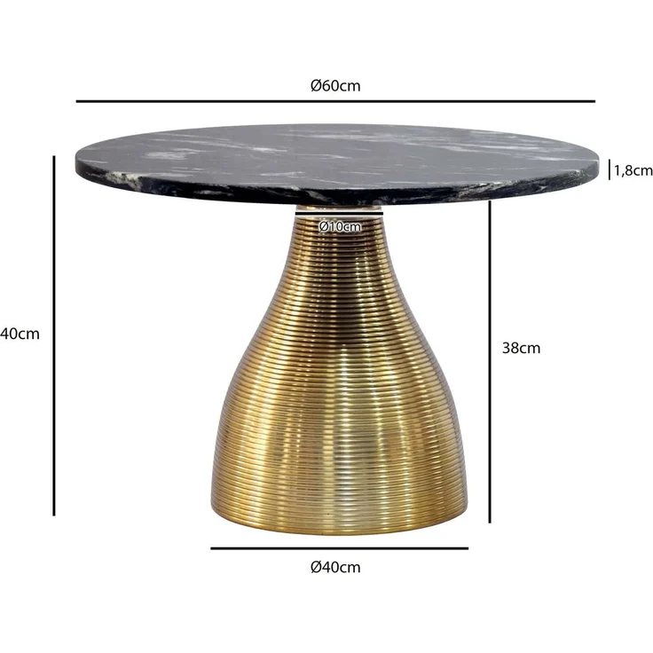 Couchtisch Metall mit schwarzer Marmor Tischplatte 60cm Rund - Moderner Wohnzimmertisch Aluminium Gold - Design Sofatisch Alu - Loungetisch Rillenoptik - Edler Beistelltisch Handmade – Bild 4