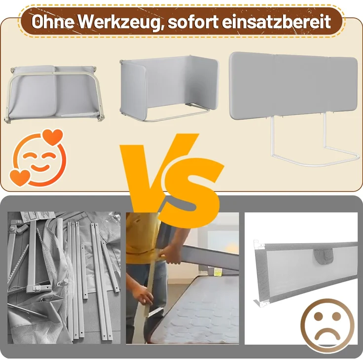 Eikuavons Klappbares Bettgitter 150 cm, Grau, höhenverstellbar 0-30 cm, für Matratzen 8-30 cm 2pcs, Kunststoff, Grau – Bild 6