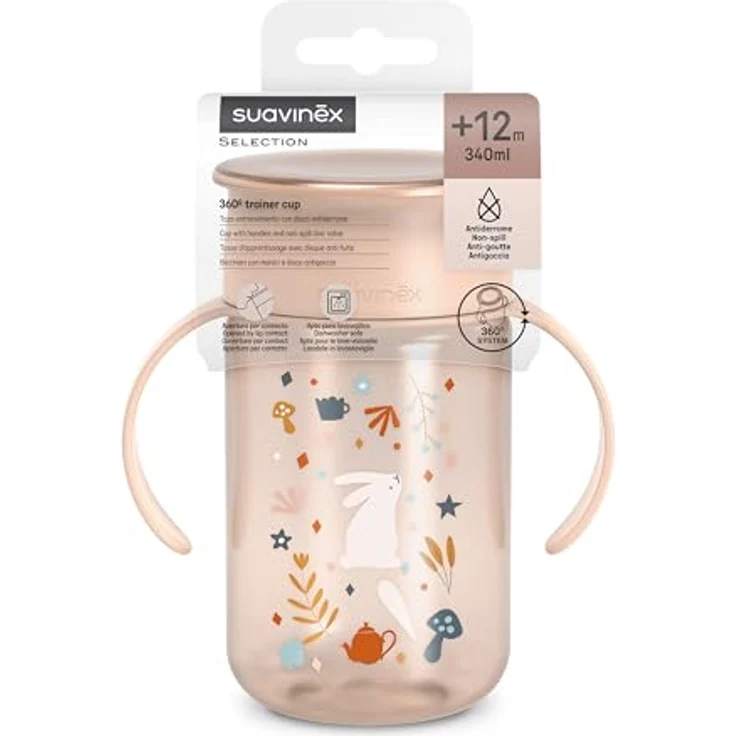 Suavinex, Magic Cup mit auslaufsicherer Scheibe und hygienischem Deckel, 360°, abnehmbare Griffe, spülmaschinenfest, 340 ml, Wonderland Rosa – Bild 4