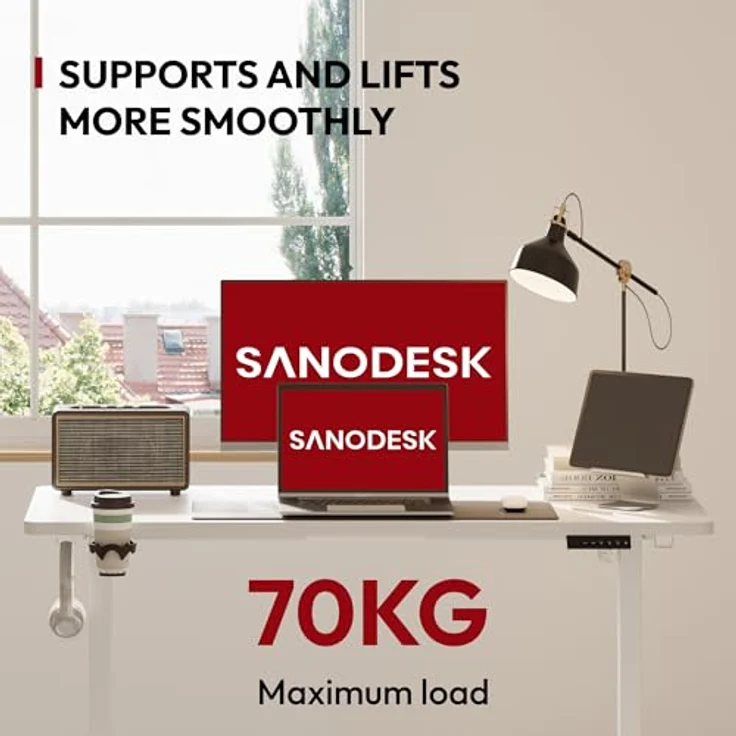 SANODESK Höhenverstellbarer Schreibtisch mit VOLLSTÄNDIGER TISCHPLATTE, 4 Zubehörteilen (Becherhalter, Haken, Aufbewahrungsbox, Kabelmanagement), ergonomisch für Büro und Homeoffice, Weiß, 110x54 cm – Bild 4