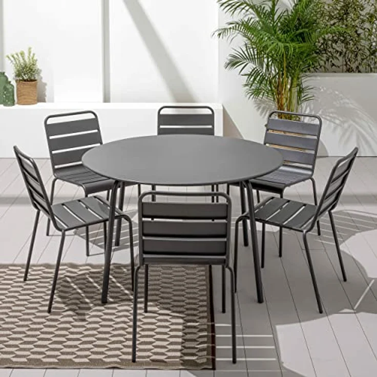 Oviala Palavas Gartentisch, runder Metalltisch, grau, 120 cm Durchmesser, witterungsbeständig, für 4-6 Personen – Bild 4