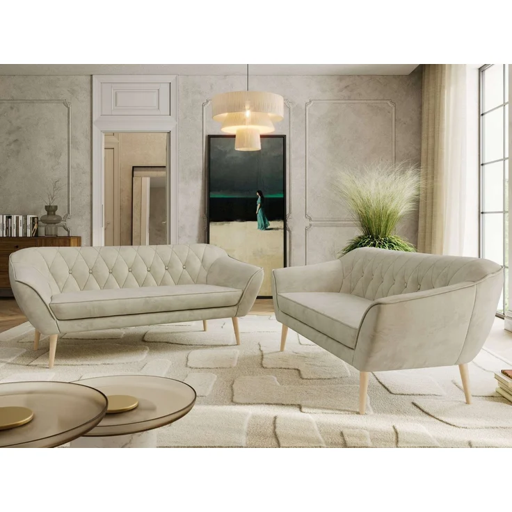 Wohnzimmerset Möbelset PIRS 3-3, Armlehnen, Wellenfederung, Buche Füße, Dreisitzer Sofa, Polstermöbel Set - Hellgrau Velvet – Bild 3