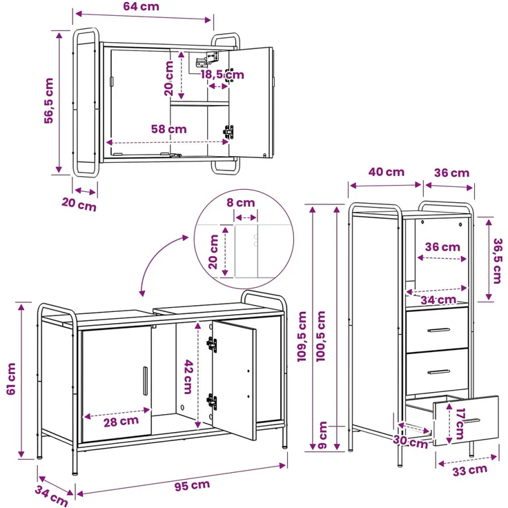vidaXL Badezimmerschrank-Set 3 stk. Sonoma-Grau 40 x 36 x 109,5 cm 3444528 – Bild 12