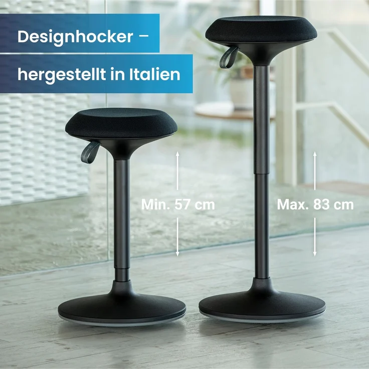 Ergotopia 'Dykó I' Sitz-Stehhocker mit Schwingeffekt, 360° drehbar, höhenverstellbar 57–83 cm, Schwarz – Bild 3