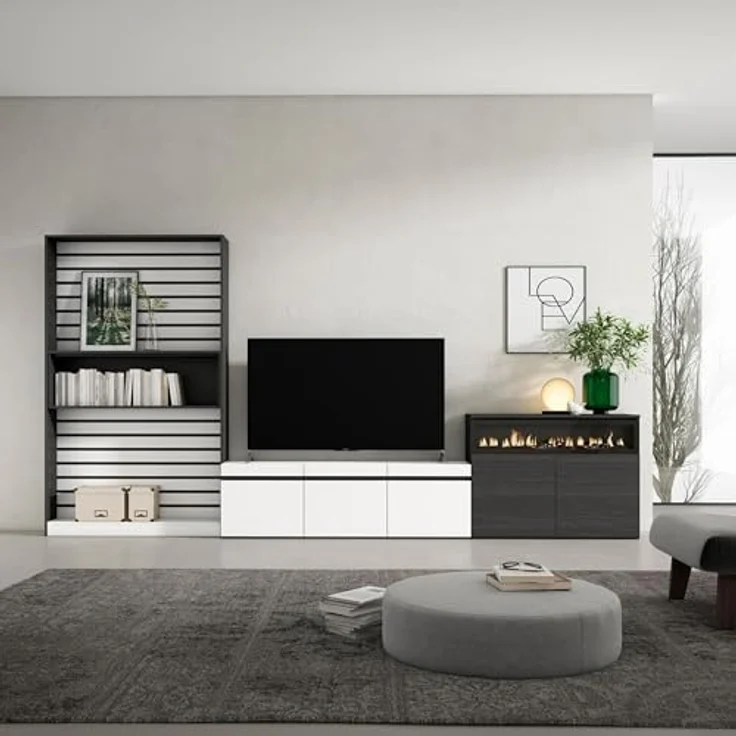 Skraut Home | Wohnwand Wohnzimmer | Wohnzimmermöbel, Möbelset | 360x186x35cm | Für TV-Geräte bis zu 65" | Elektrokamin. | Moderner Stil | Weiß und Schwarz – Bild 2