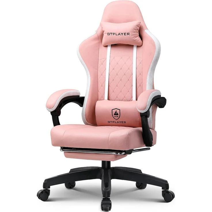 GTPLAYER Gaming Stuhl Ergonomischer Gaming Sessel Schreibtischstuhl mit Stoffoberfläche, Federsitzkissen, Verbindungsarmlehnen und Fußstütze ROSA – Bild 1