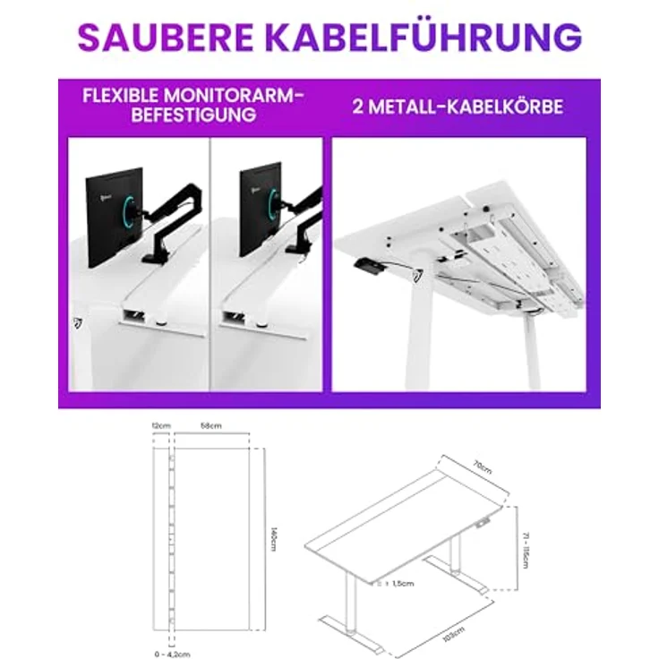 Arozzi Arena Nordico, Elektrisch Höhenverstellbarer Gaming Tisch 140x70 cm mit Kabelmanagement, Monitorarm-Kompatibilität - Weiß – Bild 4