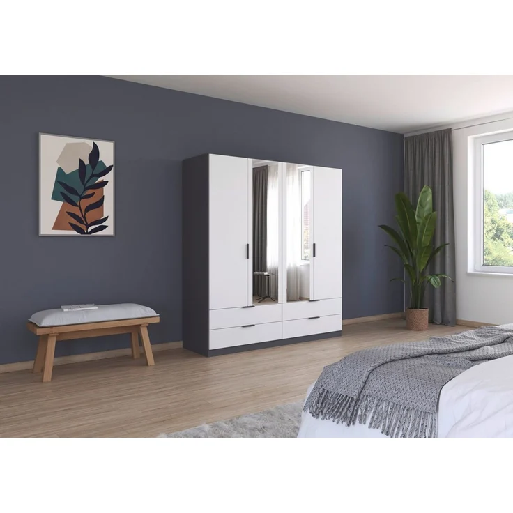 Rauch Möbel Lagoa, Kleiderschrank, Garderobe für Schlafzimmer, Kinderzimmer, Jugendzimmer 4-türig mit Spiegel, 4 Schubladen, mit Zubehör Premium, Farbe Weiß/Grau metallic, Schwarz, Breite 181 – Bild 2