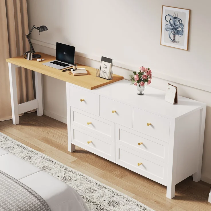 Schreibtisch mit 7-Schubladen Kommode -2-in-1 Drehwerkbank und Sideboard, Eichenoptik, 360° drehbare Tischplatte, weiß / natur, Schreibtisch, Frisiertisch, L-förmiger Eckschreibtisch – Bild 3