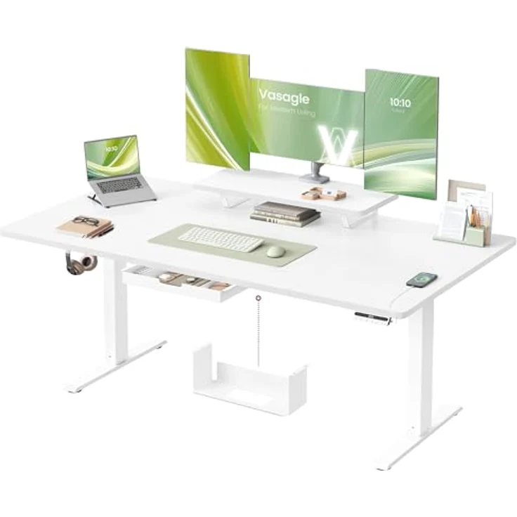 VASAGLE Höhenverstellbarer Schreibtisch, 160x80 cm, flexibel montierbarer Monitorständer, Schublade, USB-C-Anschluss, Erinnerung bei langem Sitzen, für Büro, wolkenweiß LSD156WB01 – Bild 2