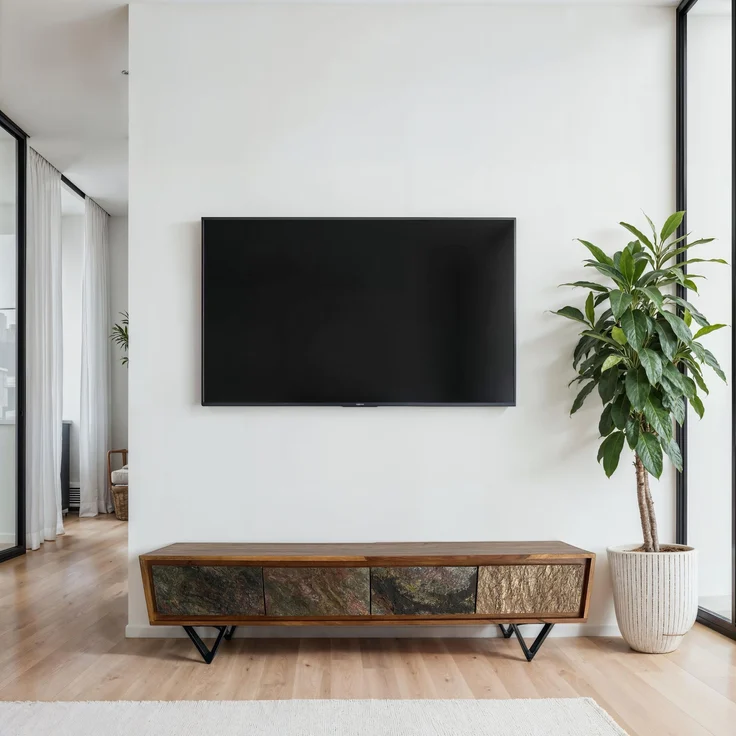 FineBuy Lowboard Sheesham Massivholz 160 cm, TV Board mit Front in Steinoptik & schwarzem Metallgestell, Fernsehschrank Industrial Design, TV Möbel Wohnzimmer Holz Metall – Bild 2