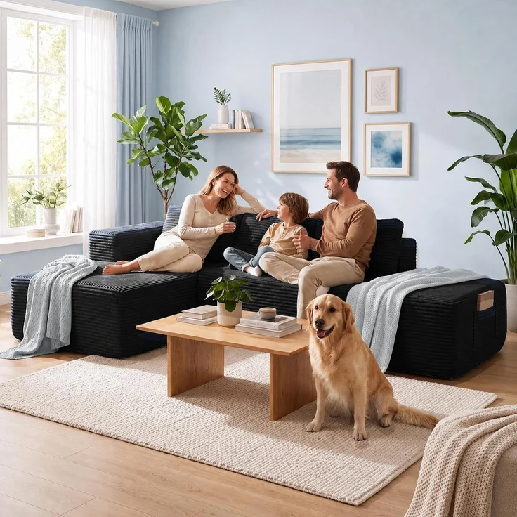 COMHOMA Ecksofa mit Schlaffunktion, 228cm Corduroy Modulares Boneless Couch mit Chaiselongue & Rücken-Metallgestell, L-Form Schlafsofa mit offenem Design, Kissen & Seitentaschen,für Wohnzimmer,Schwarz-R – Bild 3