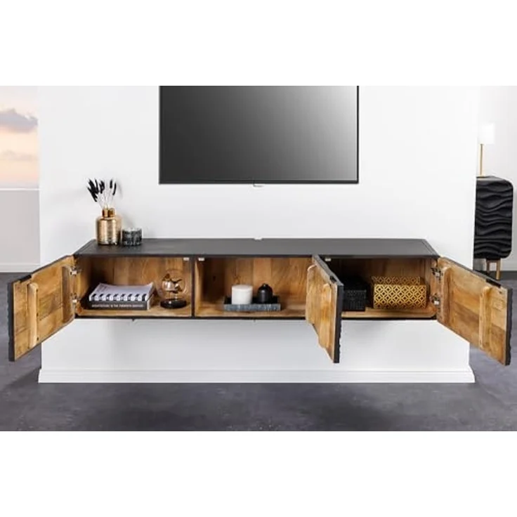 riess-ambiente TV-Board WAVE 160cm schwarz (Einzelartikel, 1 St), Wohnzimmer · Massivholz · Mangoholz · hängend · Retro Design – Bild 6