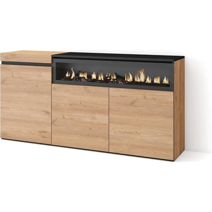 Skraut Home | Sideboard, Highboard | Kommode, Komodenschrank | 150 x 75 x 35 cm | 3 Türen | Elektrokamin. Maße | Moderner Stil | Eiche Schwarz