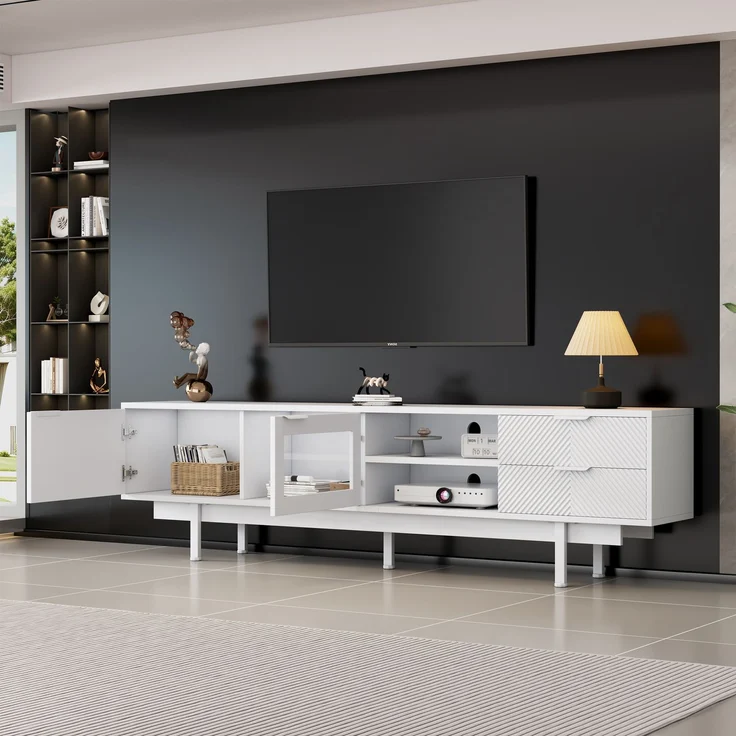 TV-Schrank Weiß 200 x 40 x 50,5 cm, modernes Lowboard für 80-Zoll Fernseher, Sideboard mit 2 Türen 2 Schubladen, 3-Schicht-Ablage – Bild 6