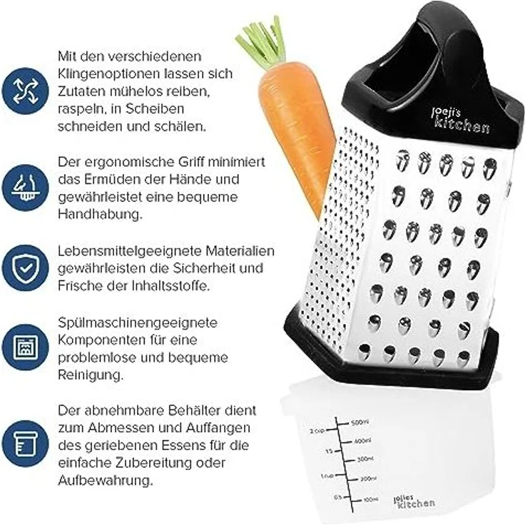 JOEJI’S KITCHEN Gemüsehobel Käsereibe 6seitige Reibe mit Behälter Handreibe Zerkleinerer Edelstahl, Edelstahl, Edelstahl – Bild 3