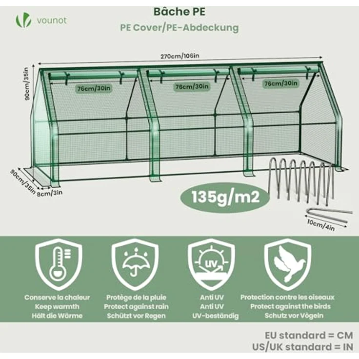 VOUNOT Gewächshaus Mini 270x90x90 cm mit 3 Rolltür, Klein Foliengewächshaus für Balkon, Garten, Tomatengewächshaus Stabil Winterfest Wetterfest, Verstärkte PE-Folie 135g/m², Grün – Bild 3