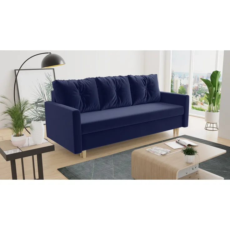 Schlafsofa Rico - Sofa mit Bettkasten, Couch mit Schlaffunktion, Bettfunktion, Bettsofa mit Bonell-Ferderkern, Velours (Dunkelblau (Kronos 09))