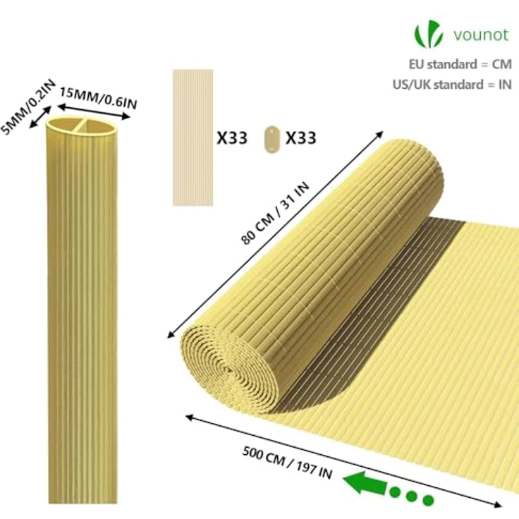 VOUNOT PVC Sichtschutzmatte 80x500 cm Verstärkung Innen, Sichtschutz für Garten Balkon Terrasse Zaun, Sichtschutzzaun Balkonverkleidung Windschutz, Bambus – Bild 6