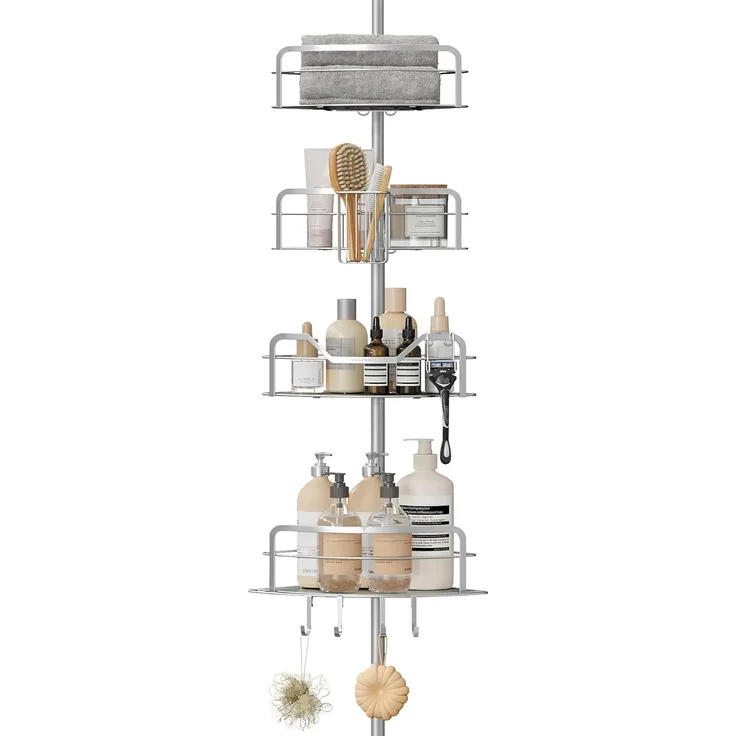 Songmics Duschregal, Badregal, Duschablage ohne Bohren, Gesamthöhe 80-323 cm, mit 4 Ebenen, Regal höhenverstellbar, für Badezimmer, taubengrau BCBDE003E01