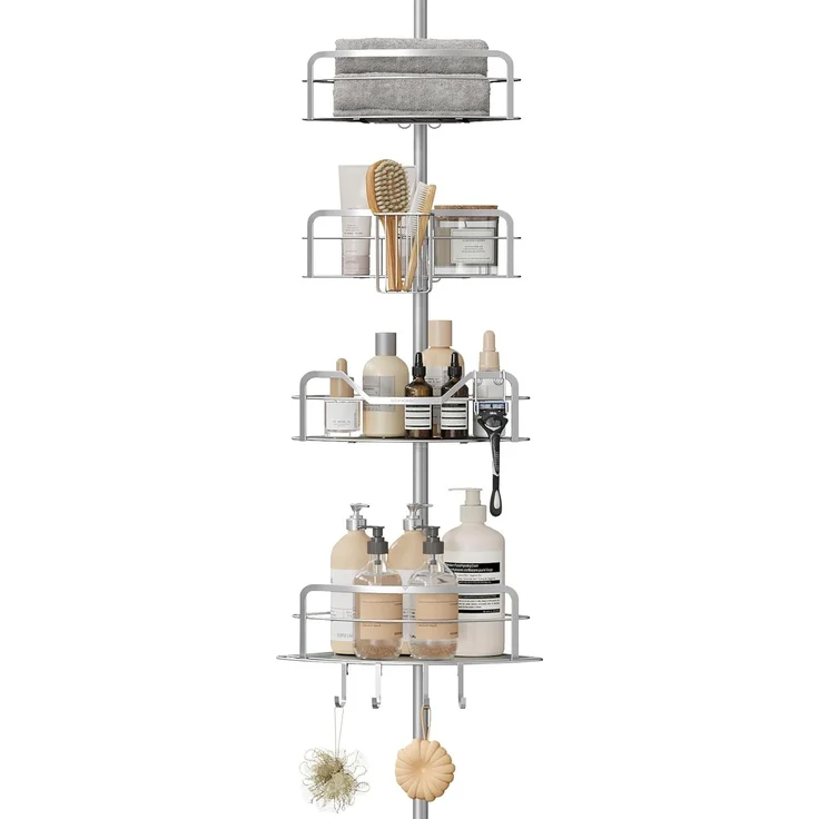 Songmics Duschregal, Badregal, Duschablage ohne Bohren, Gesamthöhe 80-323 cm, mit 4 Ebenen, Regal höhenverstellbar, für Badezimmer, taubengrau BCBDE003E01 – Bild 1
