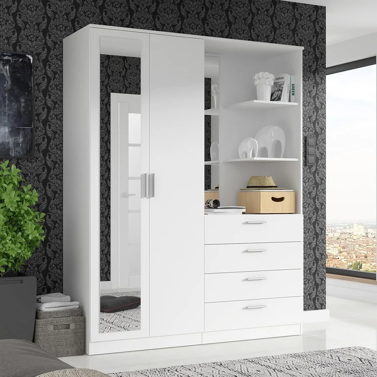 FORTE DEWANIA Kleiderschrank 160, Schrank mit offenen Regalfächern und Spiegel, Holzwerkstoff, Weiß, 159,3 cm breit, 203,4 cm hoch, 52,7 cm tief – Bild 1