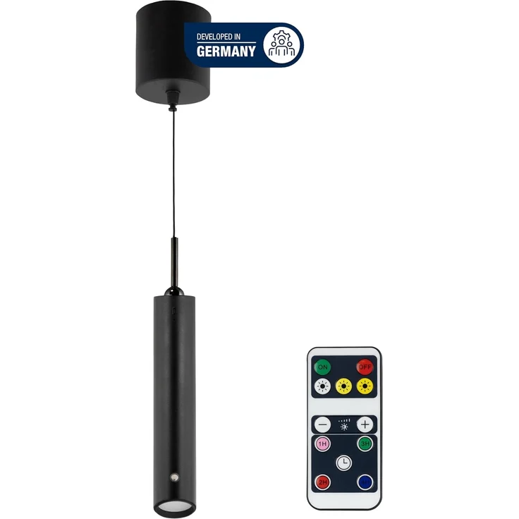 REV Akku Pendelleuchte, 130lm dimmbar 3 Farben, Timer 1-4H, höhenverstellbar durch ziehen (37-163cm) Hängeleuchte mit Fernbedienung, ideal als Nachttischlampe ohne Strom, schwarz