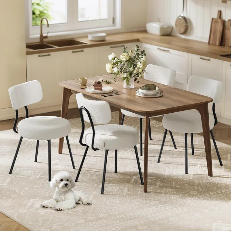 VASAGLE Esszimmerstuhl 4er Set, Küchenstuhl, Polsterstuhl, Fleece Oberfläche, geschwungene Rückenlehne, Stahlrahmen, modern, cremeweiß KDCDE110W14