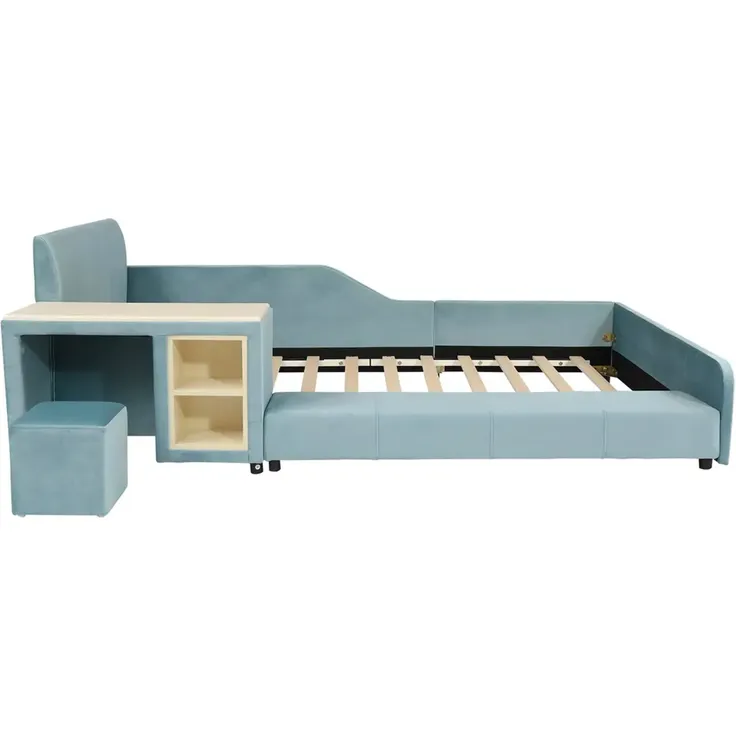 Polsterbett mit Tisch, Hocker, gepolstertem Kopfteil, Lattenrost und Regal, 90x200 cm, Kinderbett, Einzelbett, Samt – Bild 8