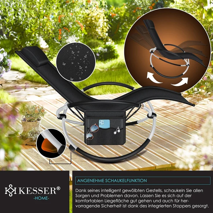 KESSER® Relaxliege Liegestuhl | Gartenliege | Gartenstuhl | Klappstuhl faltbar | Schwungliege | Schaukelsessel | ergonomische Relaxsessel | wetterfest | 180 kg Belastung | 174 x 78 x 89 cm Schwarz - mit Set – Bild 4