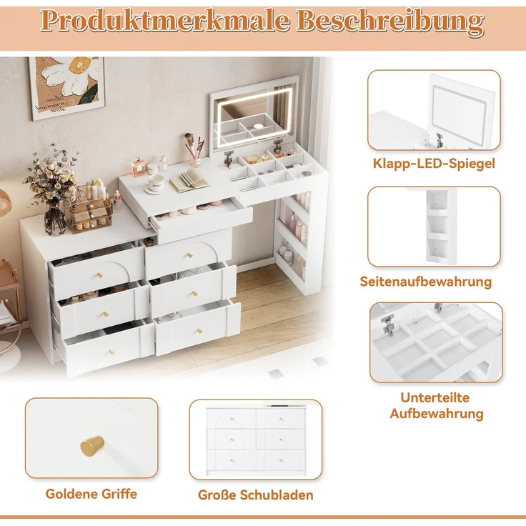 CHICFURN Schminktisch 105x80x40 cm mit LED-Beleuchtung und 7 Schubladen – drehbar Weiß – Bild 4